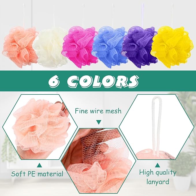 Siifert 50 Pieces Bath Sponge Shower Loofahs Bulk Bath Luffas Exfoliating Body Scrubber Pack Colorful Mesh Balls Travel Cleaning Wash Puff Bathing Accessories for Kids Women Men Body Wash, 6 Colors