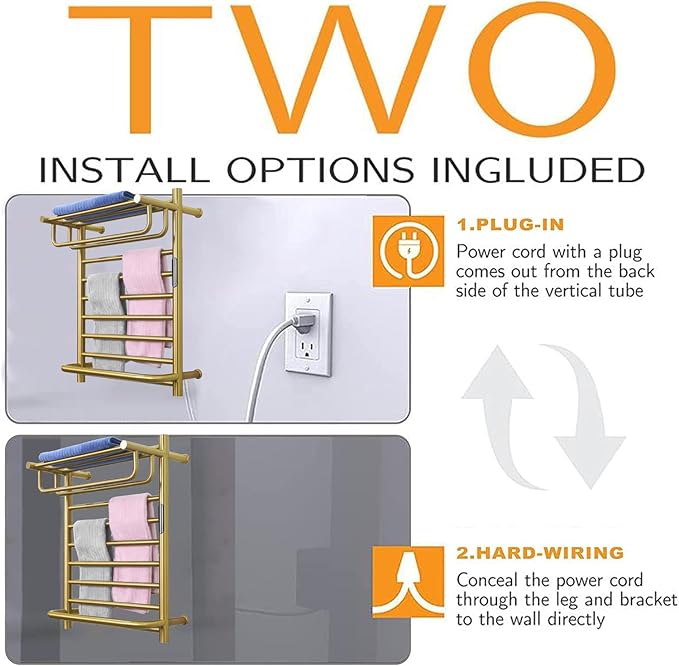 Gold Wall Mounted Heated Towel Rack, Gold Towel Warmer Rack for Bathroom, Timer & Temperature Control Electric Towel Drying Rack with Top Shelf (14 Bars with Top Shelf Brushed Gold A, Hardwired)