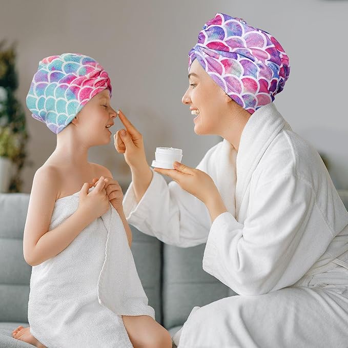 MADHOLLY Fast Drying Microfiber Hair Towel for Kids Women - 3 Packs Soft Super Absorbent Hair Towel Wrap with Button, Anti-Frizz Turban for Thicker Curly Long Hair, Mermaid Pattern Gift for Girls