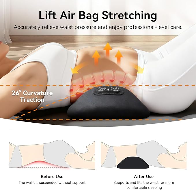 3 in 1 Electric Lumbar Support Pillow with Adjustable Height for Bed and Chair, Back Massager with Heat, Back Massager for Pain Relief Deep Tissue, Electric Lumbar Pillow with Heat Vibration Traction