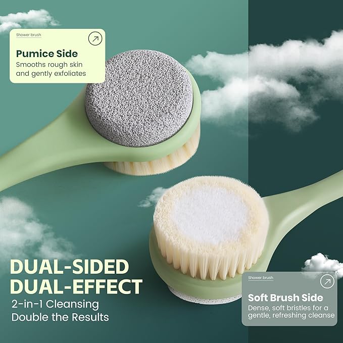 Back Scrubber for Shower, Long Handle Exfoliating Brush, Dual-Sided Bath Brush with Soft Bristles & Volcanic Pumice Stone, Anti-Slip Grip for Men & Women (Green)