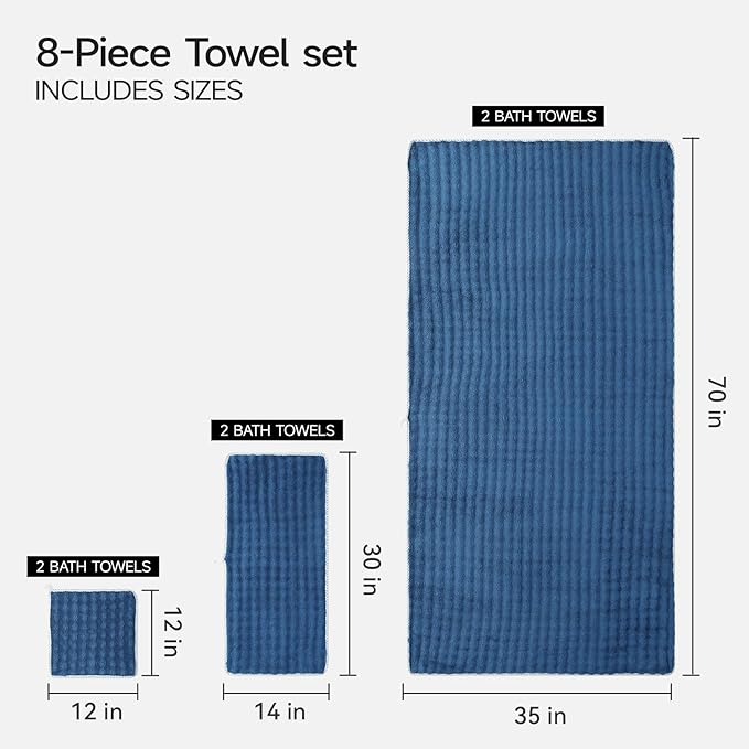 REDKISS 8-Piece Soft Bath Towel Sets, Extra Large 2 Bath Sheet (35×70 in), 2 Hand Towel, 4 Washcloth, Microfiber Quick Dry & Absorbent, Blue Towels for Bathroom