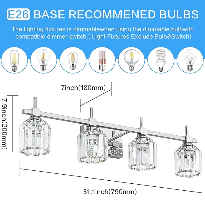 SOLFART Crystal 4 Lights Bathroom Lights Over Mirror Bathroom Lighting Fixtures Over Mirror Chrome Vanity Light Fixture Bathroom Vanity Light 4T CH