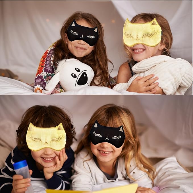Cute Cat Sleep Mask for Kids (Golden&Black), 2 Pack Silk Sleeping Eye Cover Adjustable Mask Night Eyeshade Cover for Girls Boys Women Men Sleep Travel Party