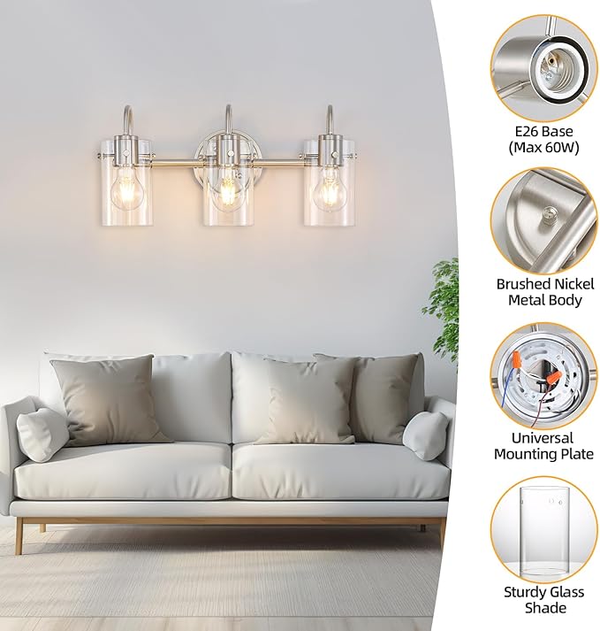 3 Lights Vanity Light Fixture, Brushed Nickel Bathroom Wall Sconces, Modern Wall Light with Clear Glass Shade, Farmhouse Wall Mount Porch Wall Lamp for Mirror, Kitchen, Living Room, Workshop