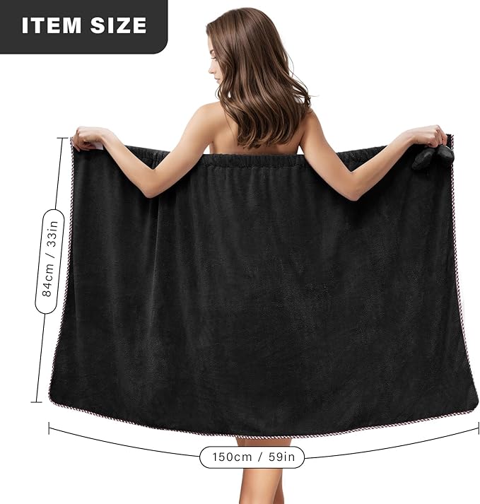 GOSCHE Towel Wrap for Women, Adjustable Shower Wrap Towel with Home Hotel Bath Towel Nightgown for Sauna Beach Pool Gym Travel - Black XL