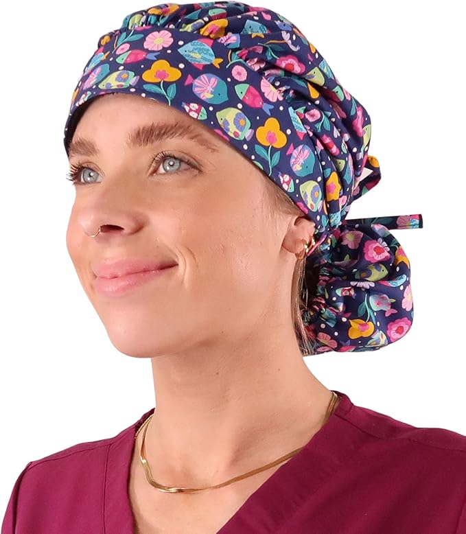 Sparkling EARTH Banded Bouffant Surgical Scrub Ponytail Working Caps and Built-in Sweatband - 100% Cotton - Made in The USA