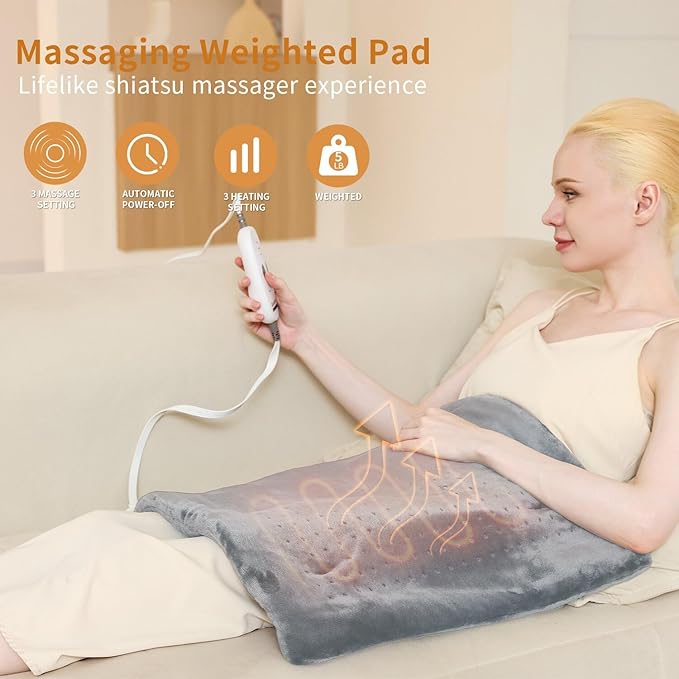 Weighted Massaging Heating Pad,Heating Pads for Back and Shoulders,Heated Pad for Pain Relief, 3 Heat Settings 6 Massage,18 Relaxing Combinations,Auto Off,Gifts for Women Men, 20"*24", Light Grey