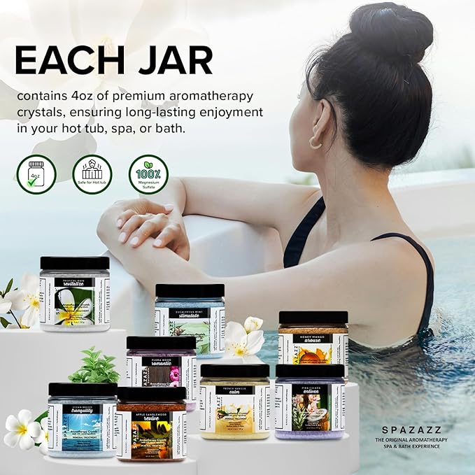 Hot Tub Aromatherapy Bath Salt 8-Pack Botanicals Bundle (4oz) - Apple Sandalwood, French Vanilla, Flora Wood, Ocean Breeze Pina Colada, Honey Mango,Tropical Rain, Eucalyptus, with Hot Cold Towel