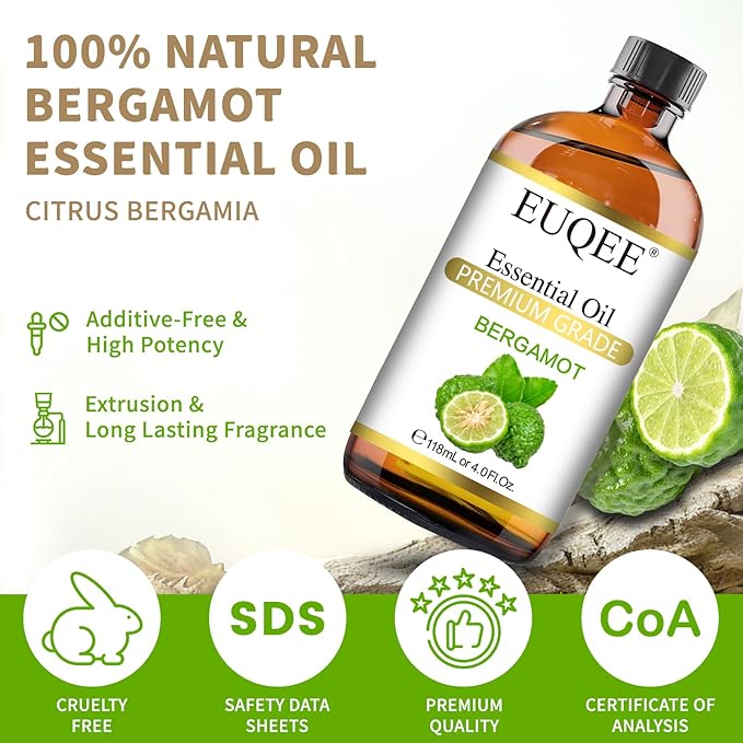EUQEE Bergamot Essential Oil 118ml Pure Bergamot Oil for Aromatherapy, Diffuser, Sopa Candle Making, Large Bottle with Gift Box -4 fl.oz