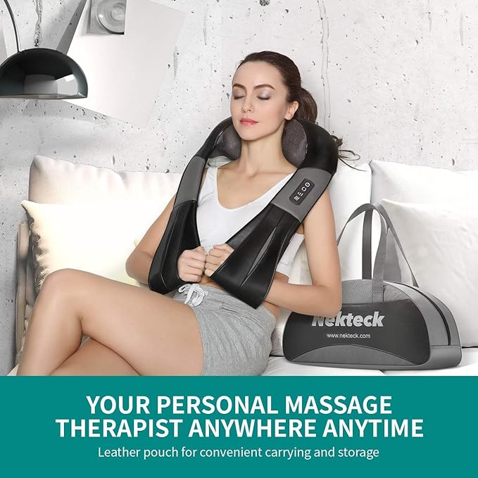 Nekteck Shiatsu Neck Massager with Heat for Pain Relief Deep Tissue, 2026 Upgraded Back Shoulder Kneading Massage Pillow with Storage Bag, Body Relaxation Gifts for Men Women Mother's Day Father's Day