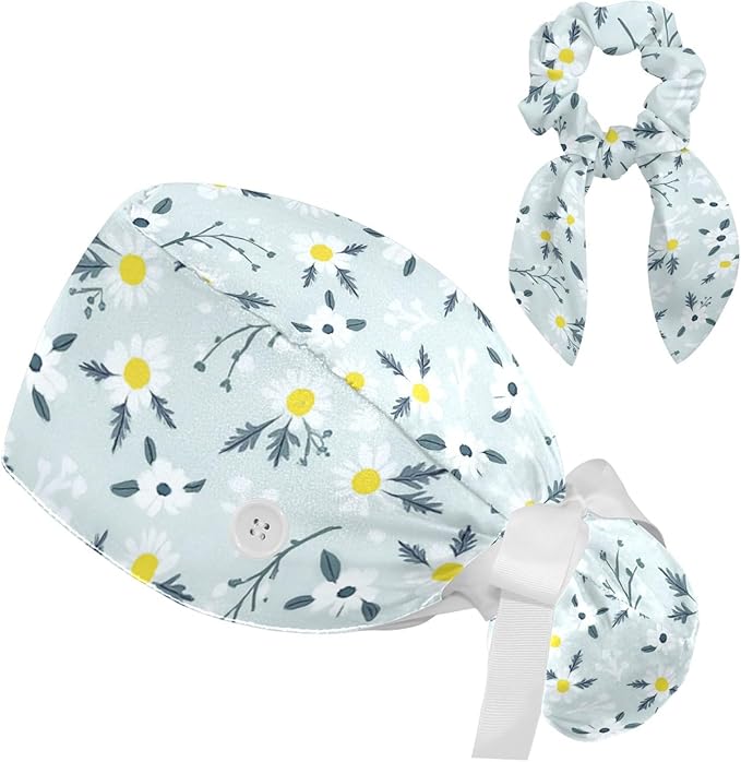 Scrub Caps Women Nursing Hats Floral Flowers with Buttons Ponytail Working Adjustable Pouch Tie Back