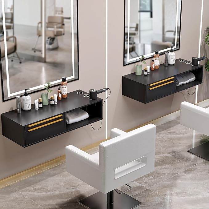 OmySalon Wall Mount Salon Station, Hair Stylist Cabinet with 3 Heat Resistant Dryer Holders, 2 Drawers & Open Shelf, Storage Organizer for Barbershop, Beauty SPA, Bathroom, Black Gold