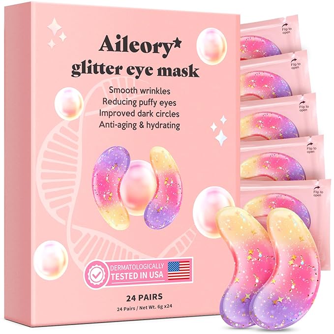 AILEORY Under Eye Patches (24 Pairs) - Tri-color Glitter Eye Gel Pads for Dark Circles, Puffy Eyes, Under eye Bags, Wrinkles | Natural Collagen Under Eye Mask Patches, Mothers Day Gifts for Mom