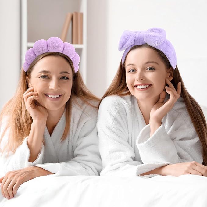 Purple Spa Headband and Wristband Set, 6 PCS Microfiber Skincare Hair Band with Bow & Cloud Design, Soft Elastic Face Washing Accessories for Makeup, Shower Routine