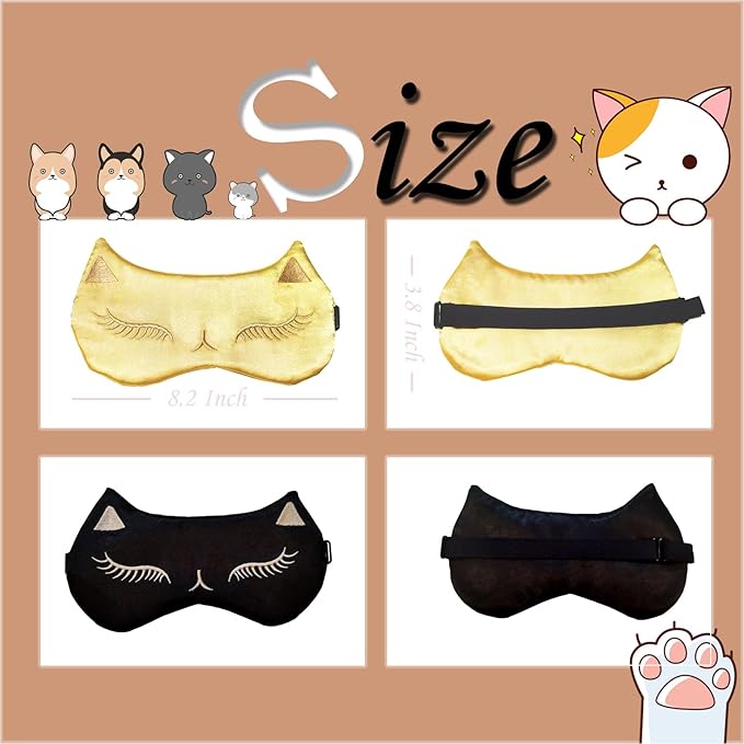 Cute Cat Sleep Mask for Kids (Golden&Black), 2 Pack Silk Sleeping Eye Cover Adjustable Mask Night Eyeshade Cover for Girls Boys Women Men Sleep Travel Party