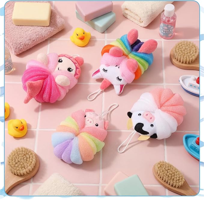 Tatuo 4 Pcs Animal Bath Loofahs Kids Body Loofah Cartoon Shower Cute Bath Sponge Pouf Body Scrubbers Mesh Sponge for Toddler Children Boys Girls Shower Baby Washing Exfoliating (Cute Girls)