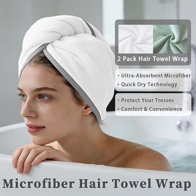 VOOVA & MOVAS Light Gray & White Microfiber Hair Towel Wrap for Women 2Pcs, Super Absorbent Quick Dry Hair Towels for Wet Hair After Shower, Soft Lightweight Hair Wraps