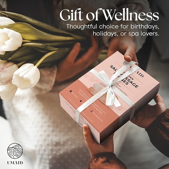 UMAID Himalayan Salt Massage Stones 6-Pack – Mothers Day Gifts for Mom – Pink Crystal Spa Stones with Cotton Mesh Bag for Relaxation, Self Care, Spa Gifts for Women & Wellness