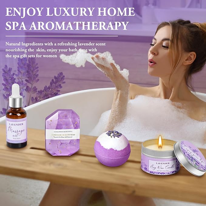 Mothers Day Gifts for Mom, Lavender Gift Baskets, Birthday Gifts for Women, Bath and Body Relaxing Spa Self Care Care Package Home Spa Bath Gift for Mom Sister Wife Female Friends Coworker Employee