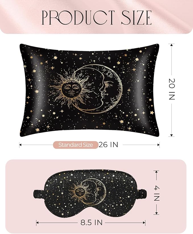 Miss Adola 1Pack Mulberry Silk Pillow Case for Hair and Skin Standard 26"x20" Silk Pillowcase with Eye Mask & Scrunchie Soft Silk Pillowcase Sleeping for Women, Wife, Female - Black Sun Moon
