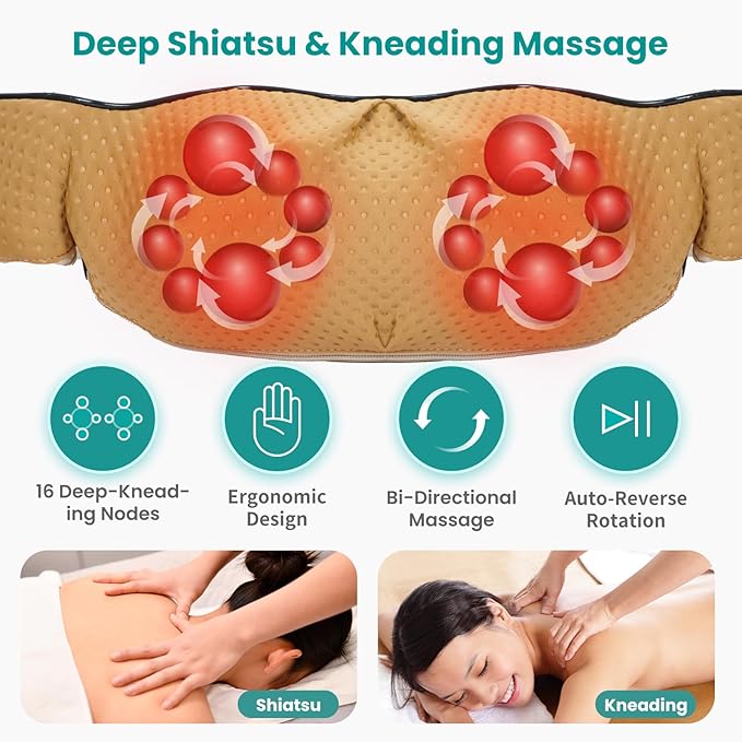 Nekteck Shiatsu Neck Massager with Heat for Pain Relief Deep Tissue, 2026 Upgraded 3D Back Shoulder Kneading Massage Pillow, Relaxation Gifts for Him Her Mom Dad Mother's Day, Beige (NOT Cordless)