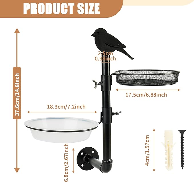 Wall-Mounted Bird Feeder with Metal Seed Tray and 2 Bath Bowls - Great for Porch or Fence, Attracts Wild Birds