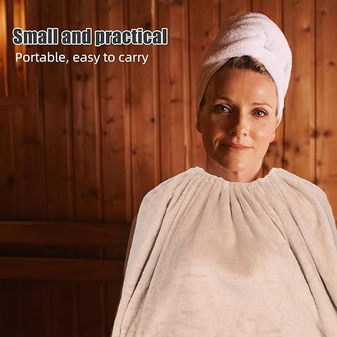 Thick Fleece Sauna Blanket Wrap with Coral Fleece Fabric Full Body Wearable Steam Sauna Robe Khaki Color 130cm Length