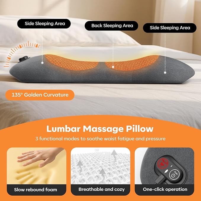 Smooth Triple Fusion 3-in-1 Lumbar Pillow Back Massager with Heat, Vibration & Traction – Rechargeable Cordless for Deep Tissue Pain Relief & Relaxation at Home & Office – Gift Idea