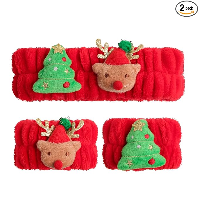 PERFECTSIGHT 2 Pack Cute Animal Headbands for Makeup Wash Shower Adjustable Elastic Hair Band for Girls and Women (Red Christmas)
