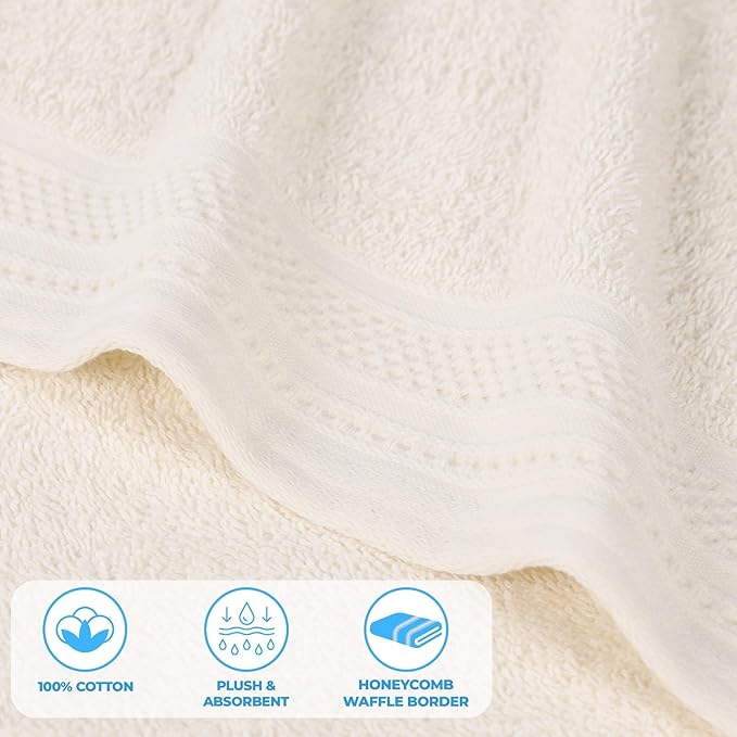 Superior Honeycomb Cotton Medium Weight Towels, for Guest Bath, Master Bathroom, Shower, Quick Dry, Adults, Home Essentials, Textured Waffle Border, Assorted Towel Set, 3 Piece Towel Set, Ivory
