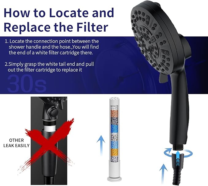 Filtered Shower Head with Handheld - 9 Spray Modes High Pressure Handheld Shower with Filter Spray Combo, Magnetic Shower Heads, With 60-Inch Long Hose（Matte black）