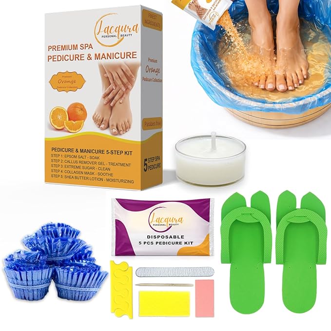 Deluxe 6 Step Pedicure Kit with Massage Oil Candle, Epsom Salt, Callus Remover Gel, Collagen Mask & Shea Butter Lotion + Disposable Pedicure Kit, Liner & Slippers (01 Set, Orange)