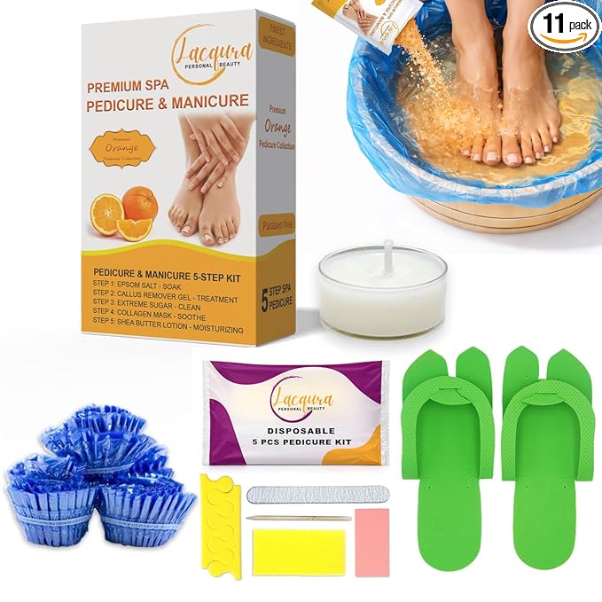 Deluxe 6 Step Pedicure Kit with Massage Oil Candle, Epsom Salt, Callus Remover Gel, Collagen Mask & Shea Butter Lotion + Disposable Pedicure Kit, Liner & Slippers (12 Sets, Orange)