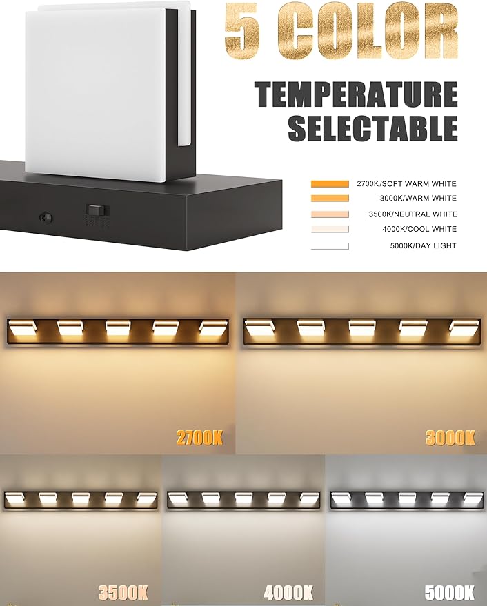 VOLISUN Modern 5-Light, 40-Inch Black Bathroom Vanity Light Fixtures Over Mirror, 5CCT Dimmable, Energy Efficient, ETL Certificated