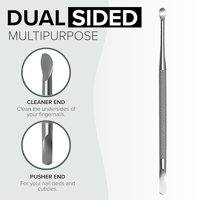Stainless Steel Nail Cuticle Pusher with Spoon Nail Cleaner - Professional Dual Sided Fingernail Cleaner for Under Nails - Saloon Quality Dual Ended Manicure & Pedicure Tool for Cuticle Care & Nails