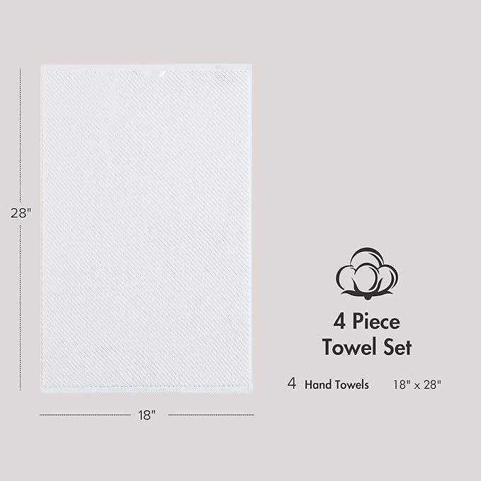 Madison Park 4-Piece Hand Towel Set for Bathroom 18" x 28" Diagonal Ribbed, White - 100% Cotton Soft Quick Dry & Absorbent Gift | Zero Twist, 500 GSM, Oeko-TEX, Hotel Quality