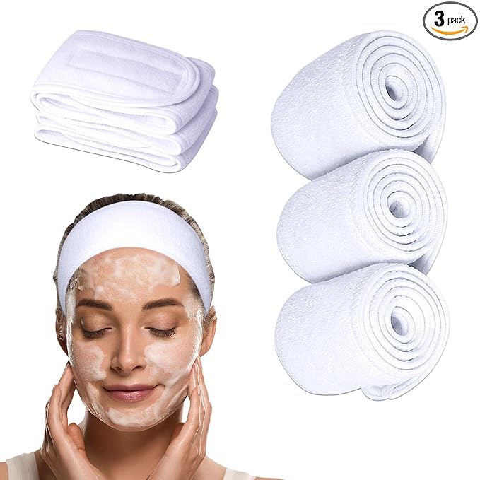 Spa Headband Head Wrap - Extra Long For Easy Fit - Terry Cloth Facial Makeup Sports Towel with Long Hook and Loop Tape from Small to Large Head (All White) (3-Pack)