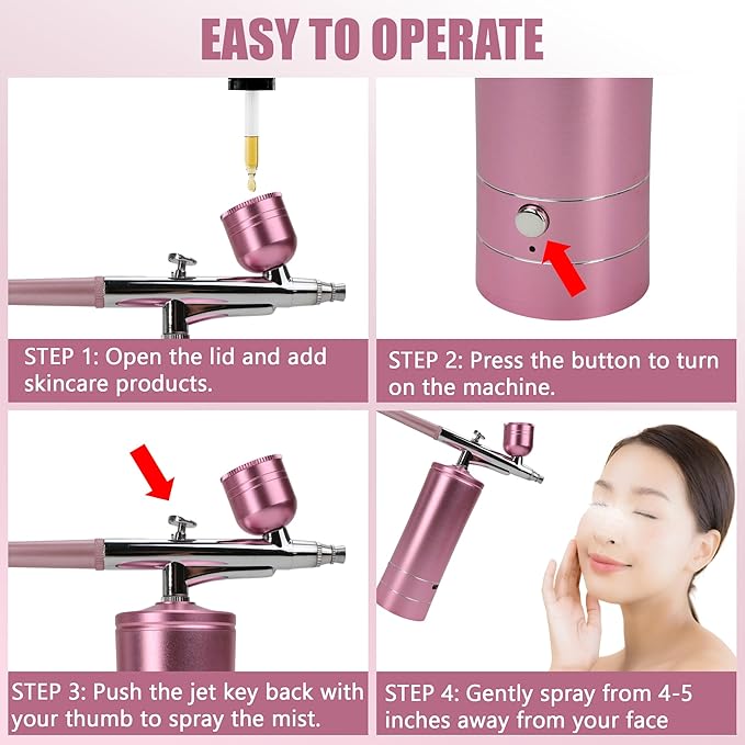 Oxygen Facial Machine – Handheld High Pressure Mist Spray Steamer for Skin Rejuvenation, Deep Cleaning, and Moisturizing – Portable, Rechargeable Airbrush for Home and Beauty Salon Use (Pink)