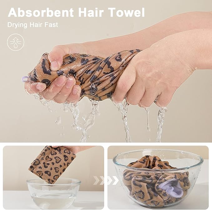 Unicorn Castle Microfiber Hair Towel for Kids 2Pack Hair Wrap Towels Absorbent Hair Drying Towel Wrap Hair Turbans for Curly Thick Hair,Brown Leopard Heart