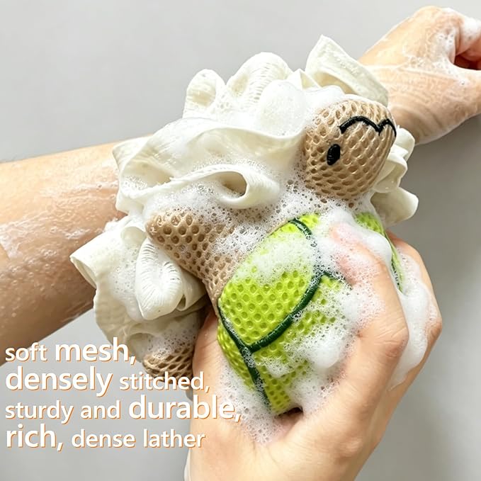Kids Loofah, Cute Cartoon Animal Kids Bath Sponge with Hanging Rope, Soft Double Mesh for Rich Lather (Little Turtle)