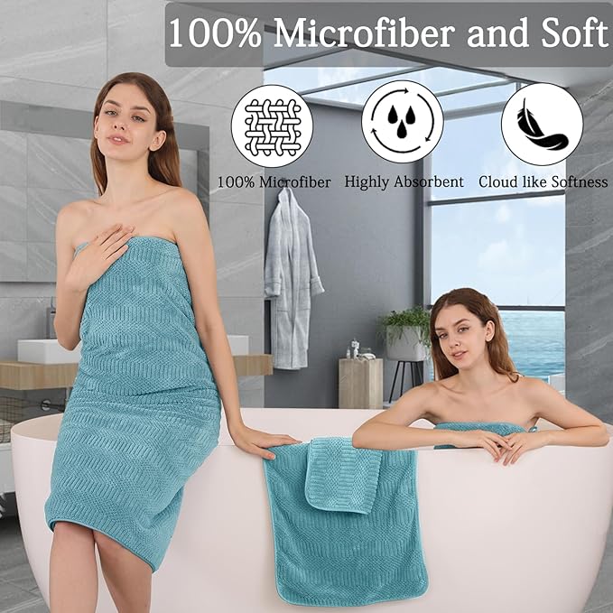 Ycosy 4 Pack Extra Large Microfiber Bath Towels Set,35x70 inches,600GSM,Less Lint Highly Absorbent Super Soft & Quick Dry,Oversized Bath Towels,Perfect for Bathroom Gym Pool,Turquoise