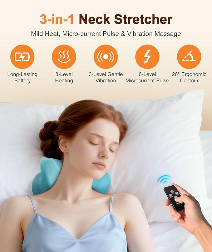 Ringco Neck Massager with Heat & Vibration 3 Level Adjustable, Heated Neck Stretcher with 6 Modes, Rechargeable Cervical Traction Device for Pain Relief & Muscle Relaxation, Gift for Women Men