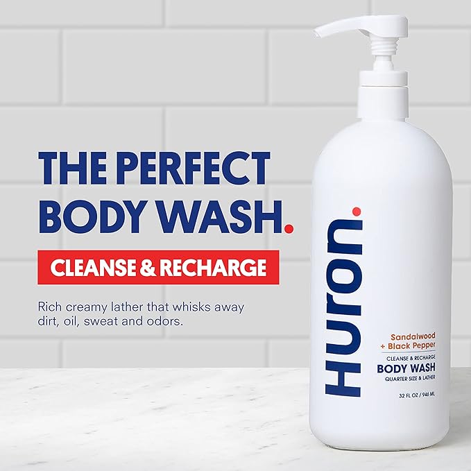 Huron Body Wash for Men and Women, Hydrating Daily Cleanser with Sandalwood + Amber Scent, Moisturizing Shower Gel, non-toxic, Phthalate-Free Clean Ingredients for Men, 30.3 Fl Oz