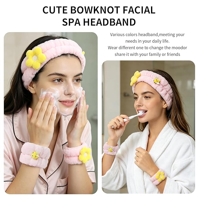 PERFECTSIGHT Kawaii Headband for Spa, Makeup, Washing Face, Party - 2 Pack Cute Hair Band for Shower Beauty Skincare, Soft Facial Headbands for Girls and Women (Pink Flower Bee)
