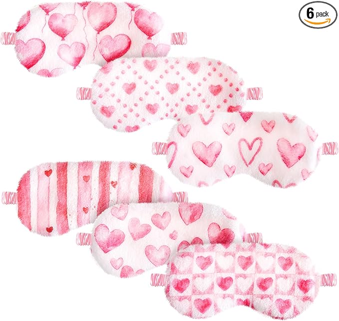 Cuffbow 6 Pack Plush Sleep Mask Set, Cute Plush Eye Masks for Sleeping, Soft Comfortable Travel Nap Blindfold, Sleepover Party Favors for Women(Heart,Pink)