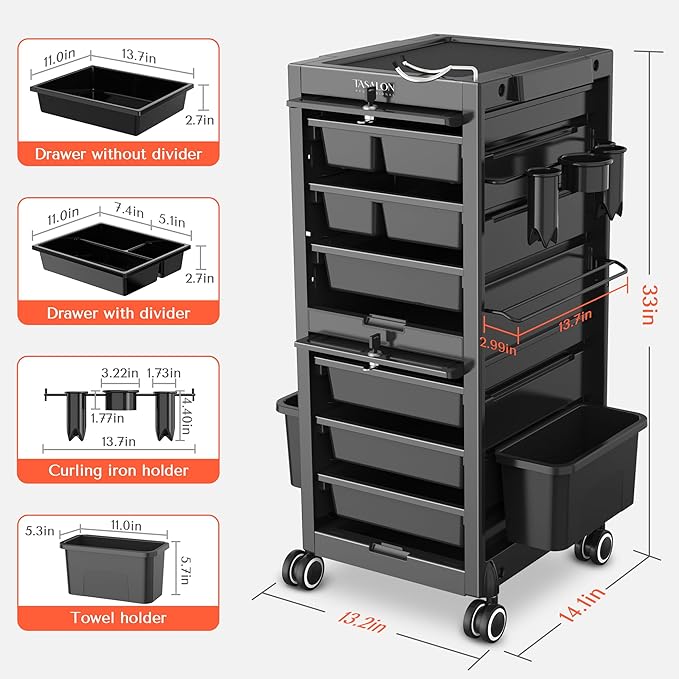 TASALON Professional Rolling Salon Cart, 6-Drawer Storage Trolley with Tool Holders, 33-Inch Height,Barber Shop Hairdressing Beauty Versatile Equipment Black