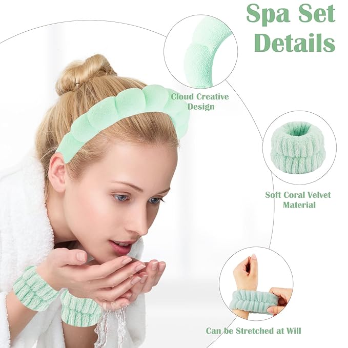 CUBACO Spa Headband and Wristband Set for Women with Ice Jade Roller and Gua Sha, Skin Care Set Tools Puffy Makeup Headband Teen Girl Gifts Trendy Stuff Hair Accessories for Women