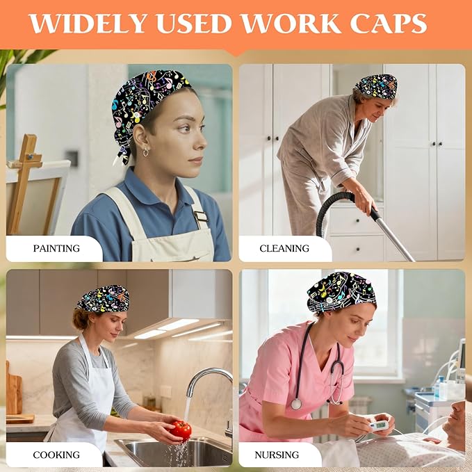 Adjustable Scrub Cap with Buttons & Sweatband, Working Hat with Elastic Tie Back, Unisex Nurse Surgical Caps for Women & Men