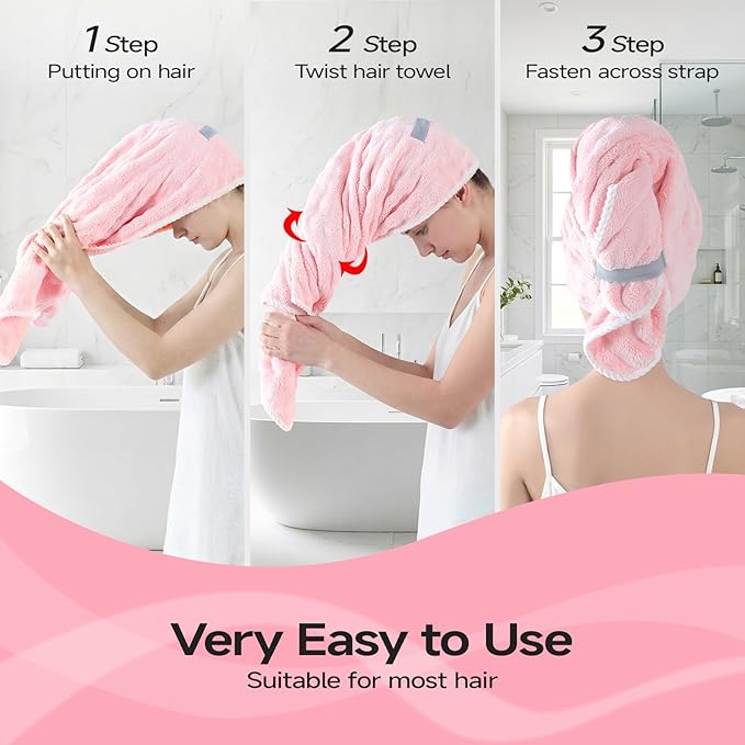 REDKISS 3 Pack Extra Large Microfiber Hair Towels with Elastic Strap - Quick Dry, Anti-Frizz Turbans for Long, Thick, Curly Hair